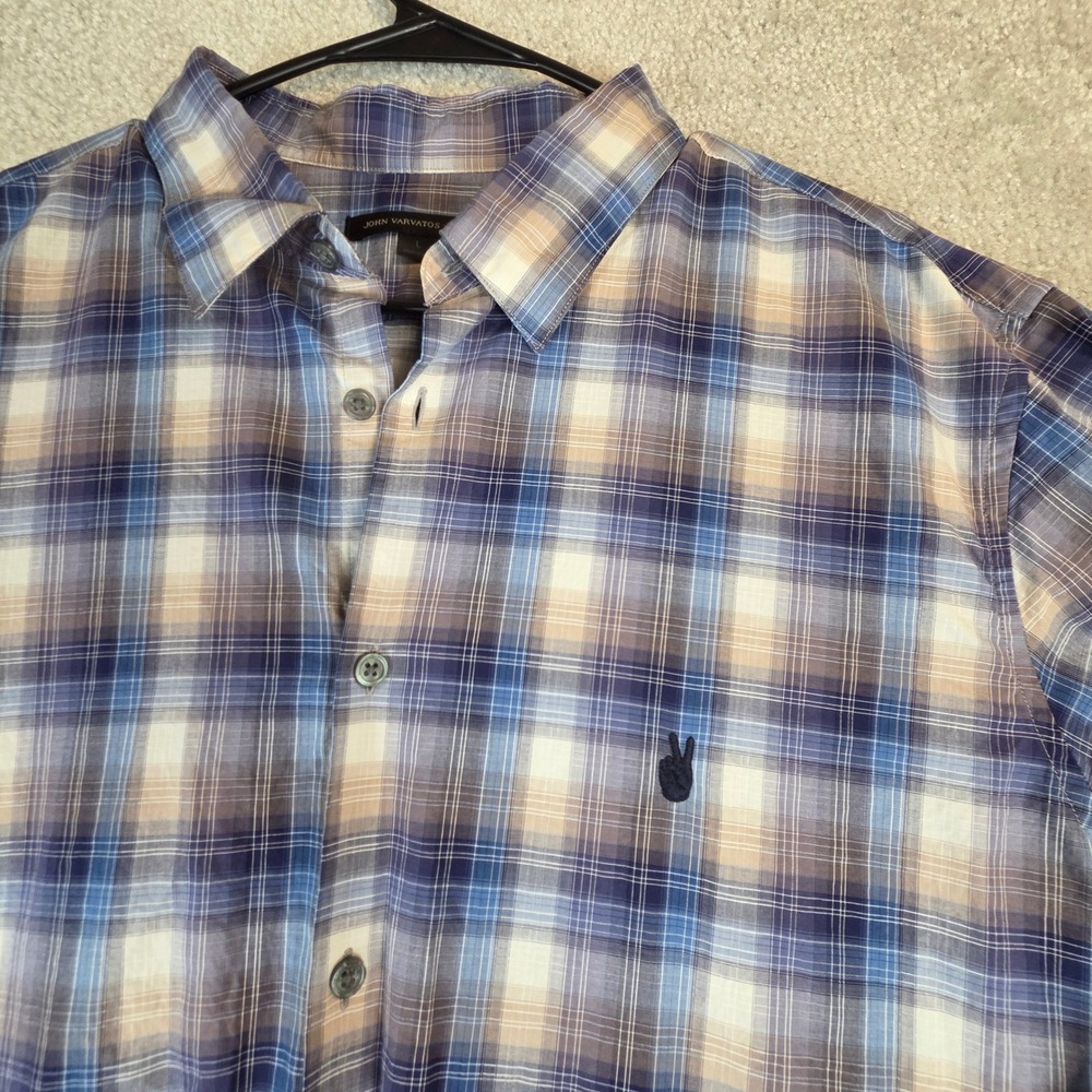 John Varvatos USA Mens Blue Tan Plaid Cotton Button Down Shirt Size L